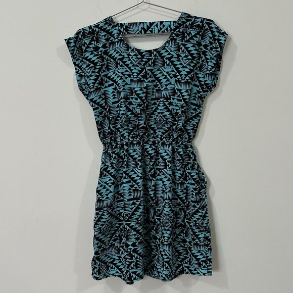 PINK REPUBLIC Aztec Short Dress Sz S Turquoise Black Bar Back Pockets Soft - Picture 2 of 11